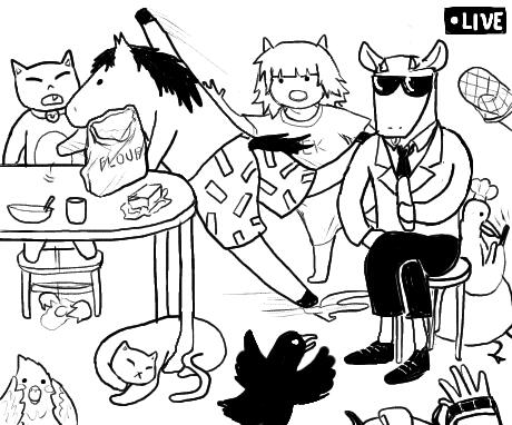 A partial horse lineart as a template, turned into something that's not just a horse. Featuring AU members' virtual personas (2022)